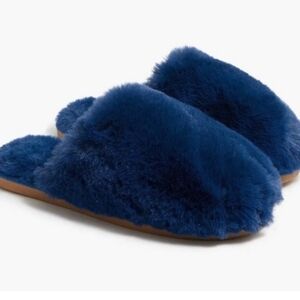 J. Crew Antique Navy Faux Fur Slippers Sz 5 NWT